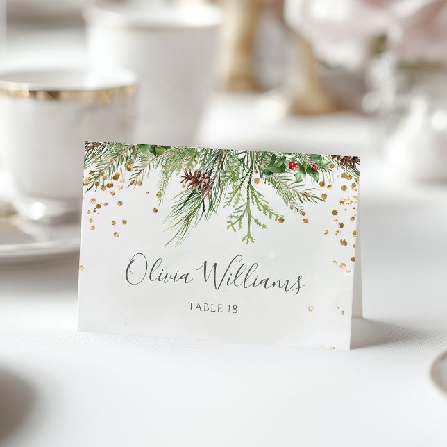Cartão Rustic Winter Greenery Glitter Place Card (Criador carregado)