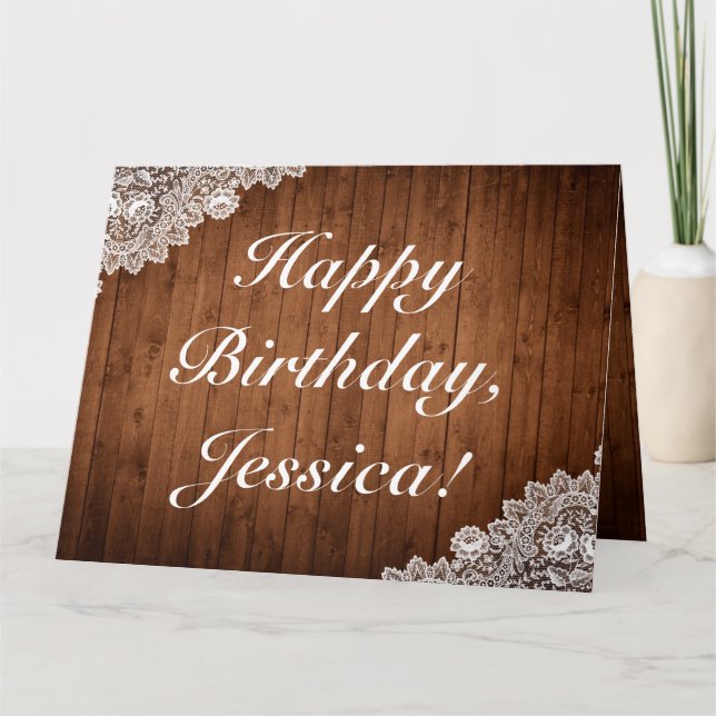 Cartão Rustic Wood & Lace Happy Birthday Folded Greeting (Frente)