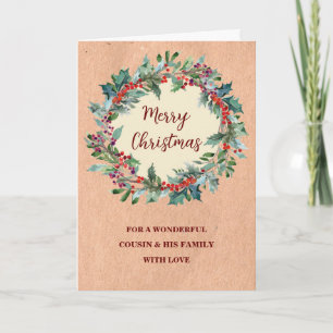 Cartão Rustic Wreath Cousin & Family Felry Natal