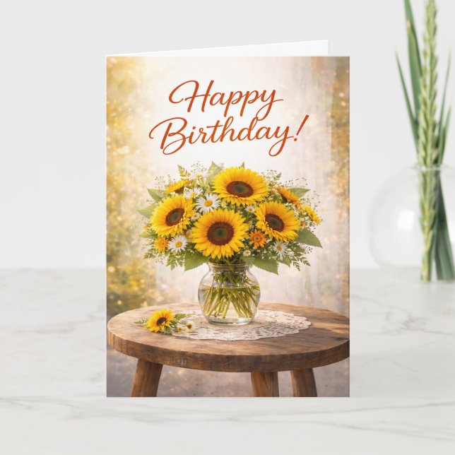 Cartão Rustic Yellow Sunflower Birthday (Frente)