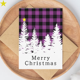 Cartão Rústico Roxo Xadrez Búfalo Floresta Feliz Natal