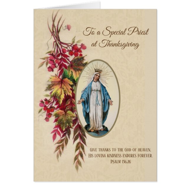 Cartão Sacerdote Virgem Maria Flores de Outono (Frente)