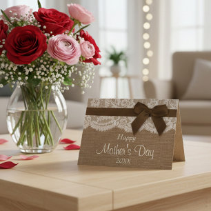 Cartão Saco de aniagem, Renda e Laço Marrom Feliz Dia das