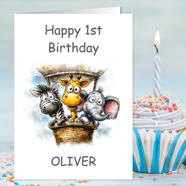 Cartão Safari Animals in Hot Air Balloon 1st Birthday (Criador carregado)