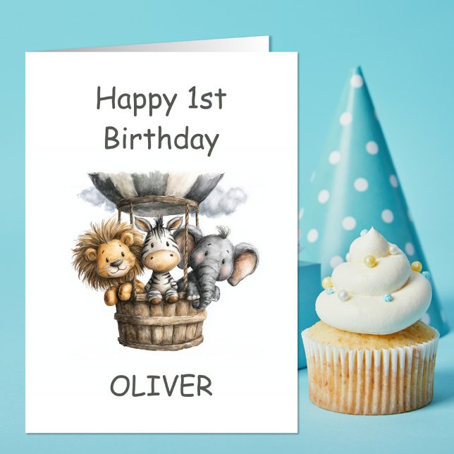 Cartão Safari Animals in Hot Air Balloon 1st Birthday (Criador carregado)