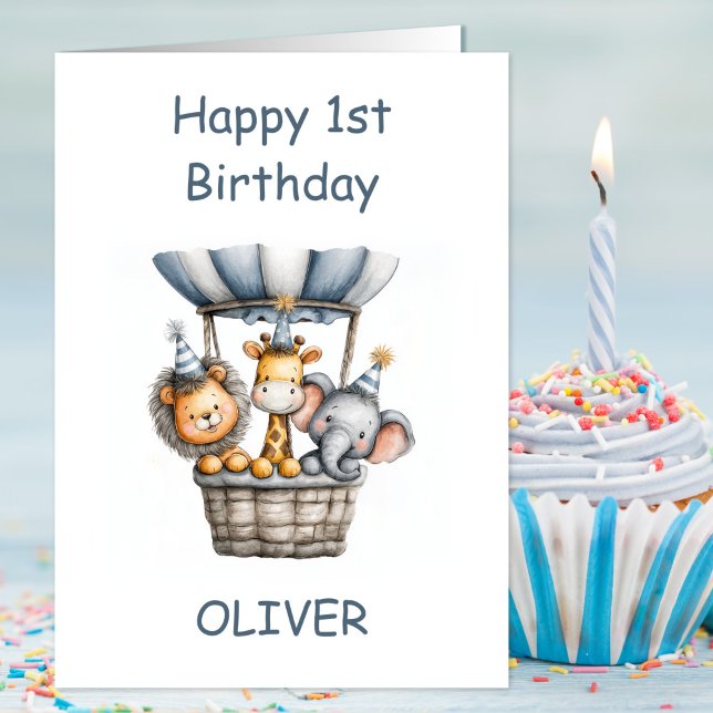 Cartão Safari Animals in Hot Air Balloon 1st Birthday (Criador carregado)