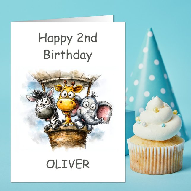 Cartão Safari Animals in Hot Air Balloon 2nd Birthday (Criador carregado)