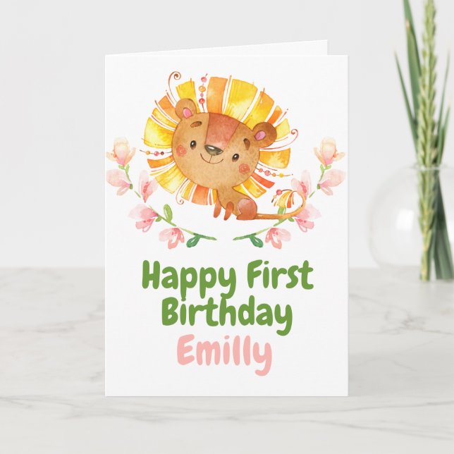Cartão Safari Baby Lion Happy 1st Birthday Card (Frente)