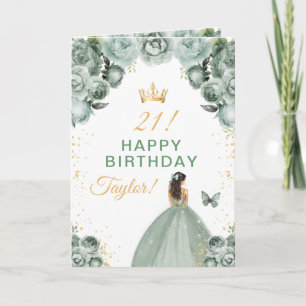 Cartão Sage Floral Brunette Cabelo Garota Feliz Aniversár