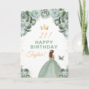 Cartão Sage Floral Marrom Cabelo Garota Feliz Aniversário