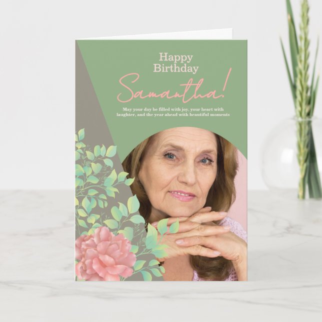 Cartão Sage Green Blush Floral Photo Birthday Greeting (Frente)