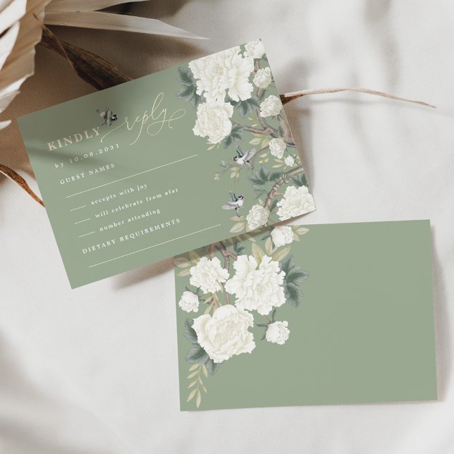 Cartão Sage Green Chinoiserie Bird Peony Weding RSVP (Criador carregado)