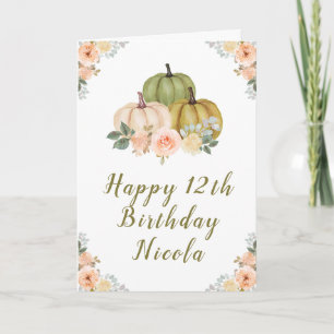 Cartão Sage Green e Peach Floral Pumpkins Aniversário