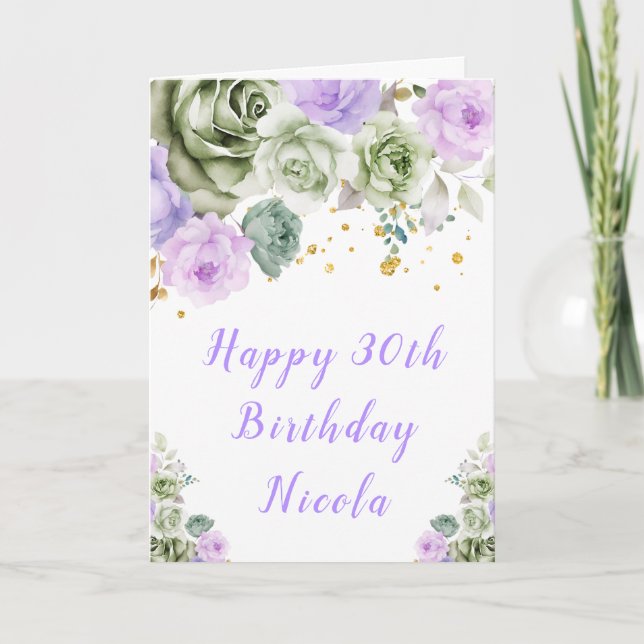 Cartão Sage Green e Purple Floral Happy Birday (Frente)