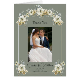 Cartão Sage Green Floral Photo Wedding Thank You