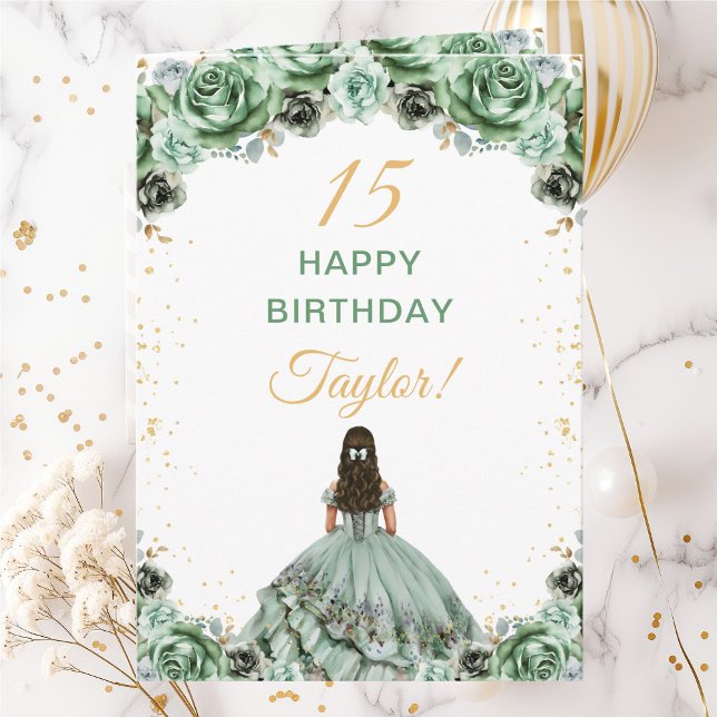 Cartão Sage Green Princess Floral Happy Birday (Criador carregado)