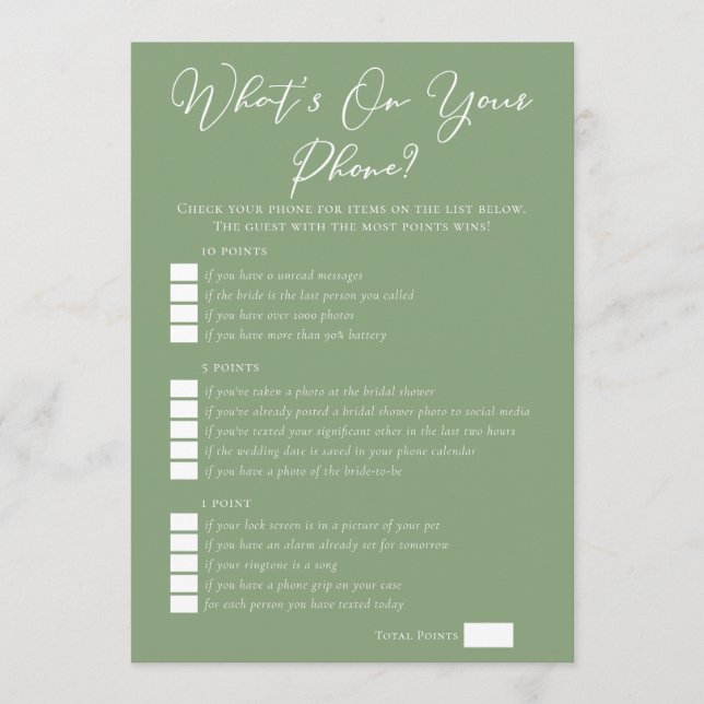 Cartão Sage Green What's On Your Phone Bridal Shower (Frente)