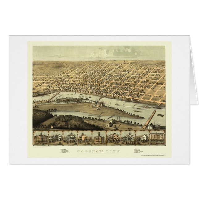 Cartão Saginaw, mapa panorâmico do MI - 1867 (Frente Horizontal)