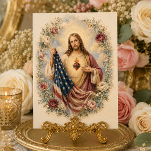 Cartão Sagrado Coração de Jesus com Católico Bandeira Ame