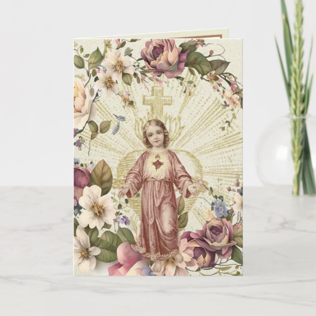 Cartão Sagrado Coração de Jesus Floral Escritura Religios (Frente)