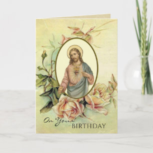 Cartão Sagrado Coração de Jesus Rosas de Aniversário R