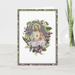 Cartão Sagrado Coração Jesus Violeta Floral Vintage Oraçã