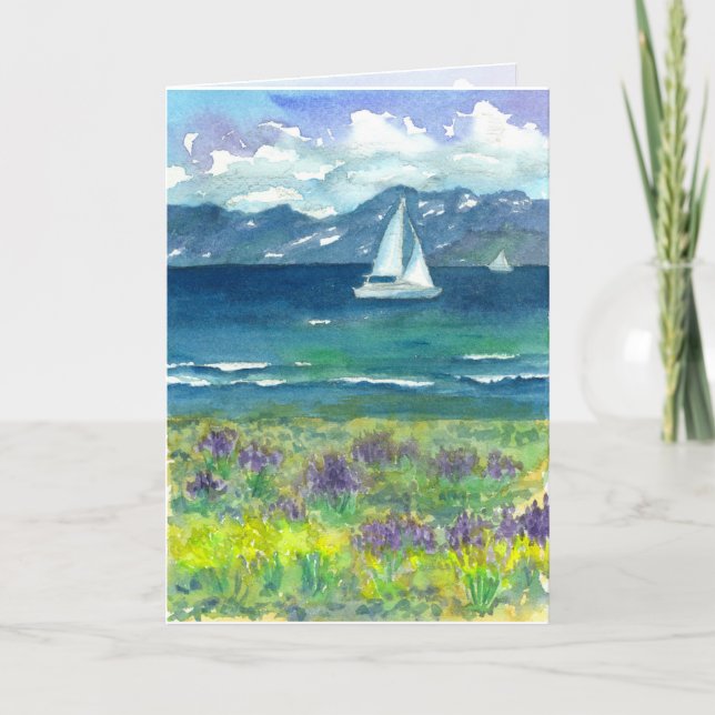 Cartão Sailing Mountain Lake Lupines Happy Birthday (Frente)
