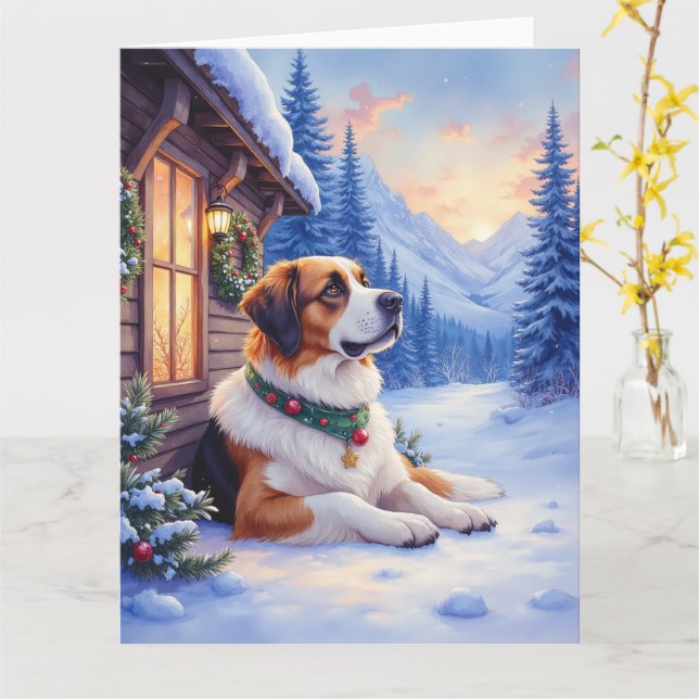 Cartão Saint Bernard Snowy Mountain Lodge Christmas Dog (Flor Amarela)