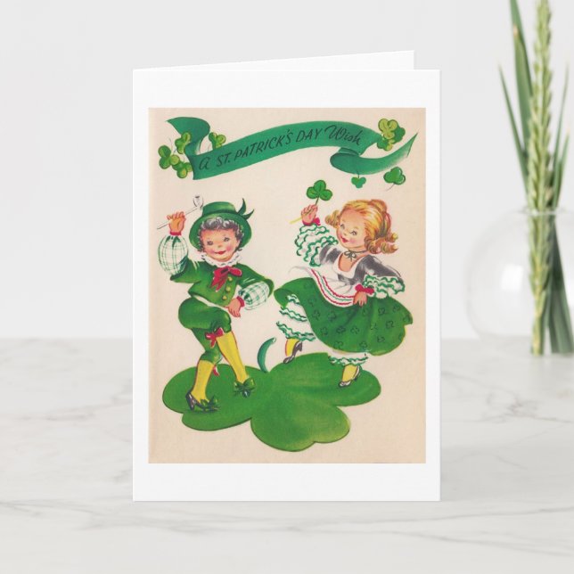 Cartão Saint Patrick's Day Boy & Girl, Vintage (Frente)