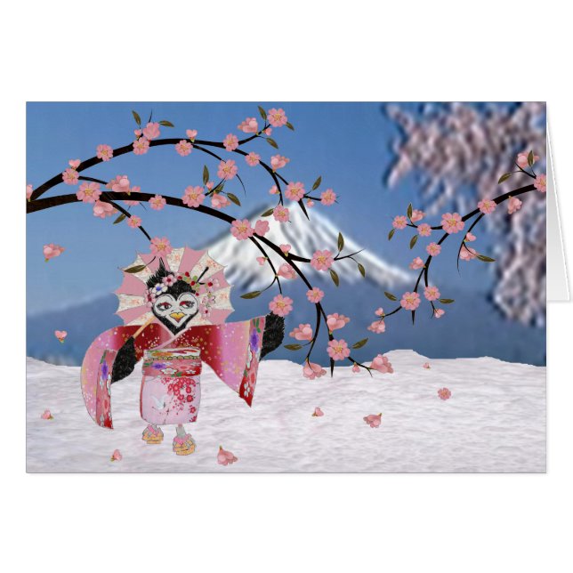 Cartão Sakura Geisha Bird no Snow Cherry Blossoms (Frente Horizontal)