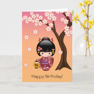 Cartão Sakura Kokeshi Doll Cute Japonês Geisha Aniversá