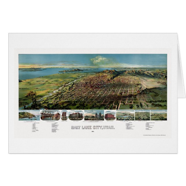 Cartão Salt Lake City, mapa panorâmico de UT - 1891 (Frente Horizontal)