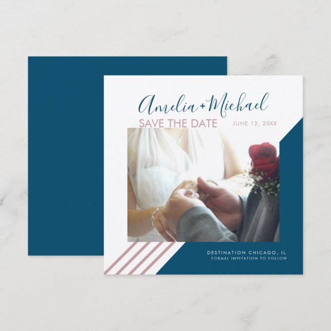 Cartão Salve a Data Blush e Navy com Linhas Kraft (Frente/Verso)