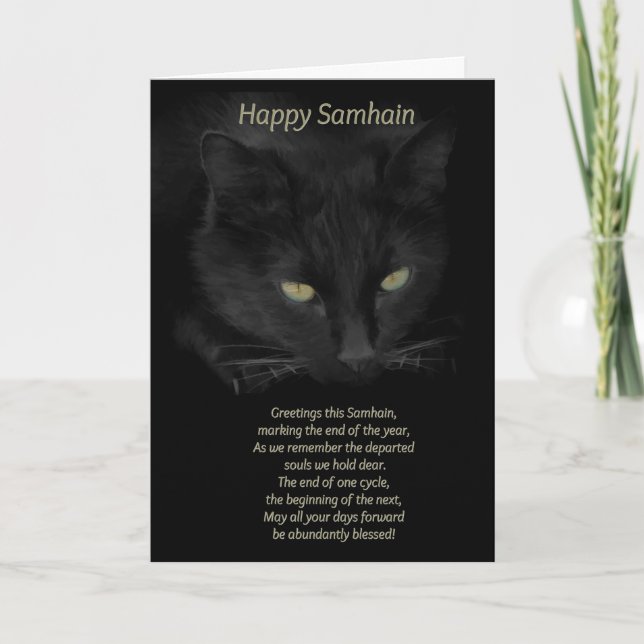 Cartão Samhain Black Cat Beneficia Feliz Samhain Celtic (Frente)