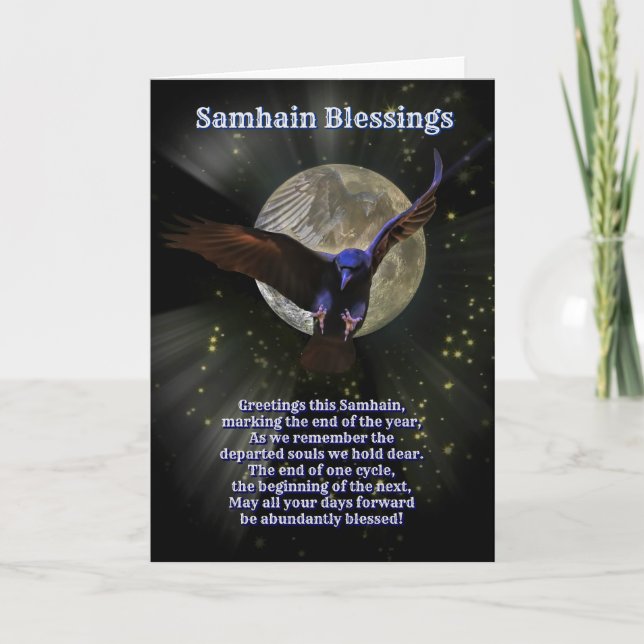 Cartão Samhain Blessings with Raven or Crow and Moon (Frente)