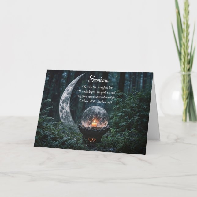 Cartão Samhain com Bola de Cristal Lua Crescente e Vela (Frente)