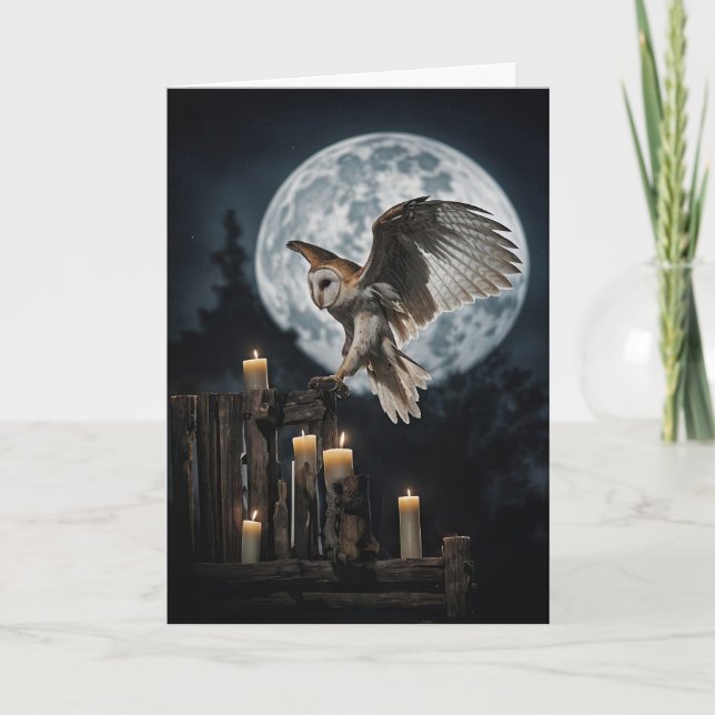 Cartão Samhain com Coruja Bonita Asas Abertas Lua Cheia (Frente)