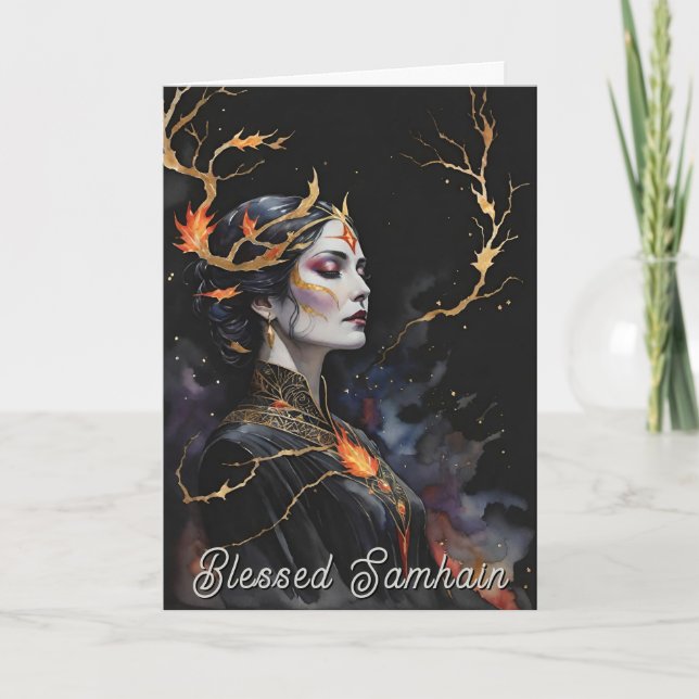 Cartão Samhain Pagan Bruxa Abençoada Noite de Queda de Ha (Frente)