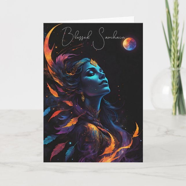Cartão Samhain Pagan Bruxa Abençoada Noite de Queda de Ha (Frente)