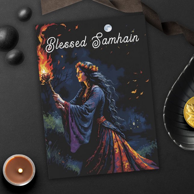 Cartão Samhain Pagan Bruxa Abençoada Noite de Queda de Ha (Samhain Pagan Witch Blessed Halloween Fall Night  Greeting Card)