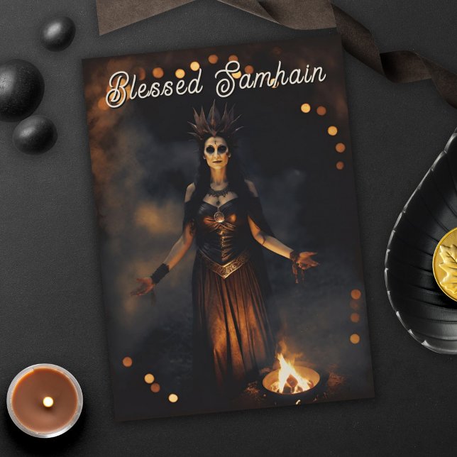 Cartão Samhain Pagan Bruxa Abençoada Noite de Queda de Ha (Samhain Pagan Witch Blessed Halloween Fall Night Greeting Card)