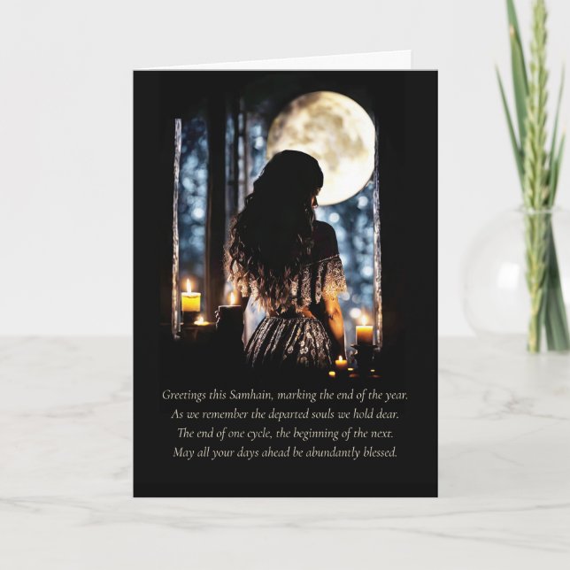 Cartão Samhain Saudações com Mística das Velas da Lua (Frente)