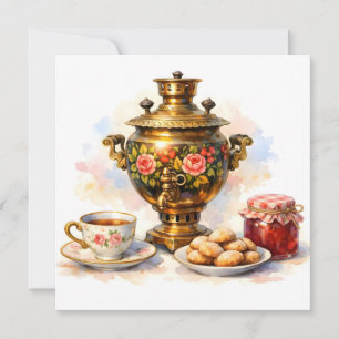 Cartão Samovar Russo de Aquarela com Biscoitos e Geleia