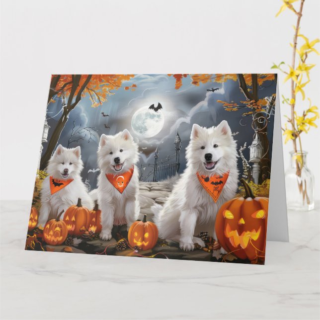 Cartão Samoyed Halloween Assustador (Flor Amarela)