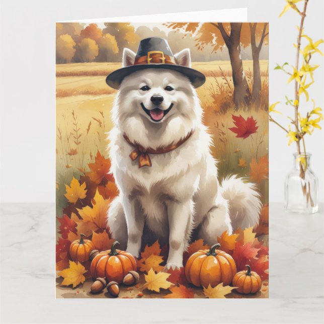 Cartão Samoyed In Autumn Deixa A Arte De Ação De Graças (Flor Amarela)