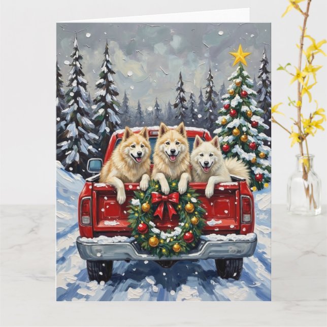 Cartão Samoyed Natal Caminhão Vermelho Feriado (Flor Amarela)