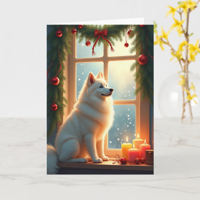 Cartão Samoyed Under the Mistletoe Christmas Painting (Flor Amarela)