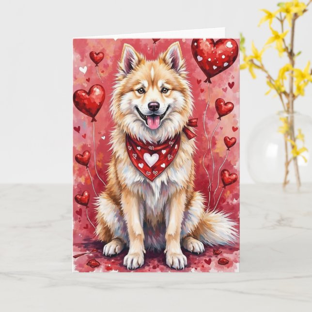 Cartão Samoyed Valentine’s Day Dog with Hearts Red (Flor Amarela)