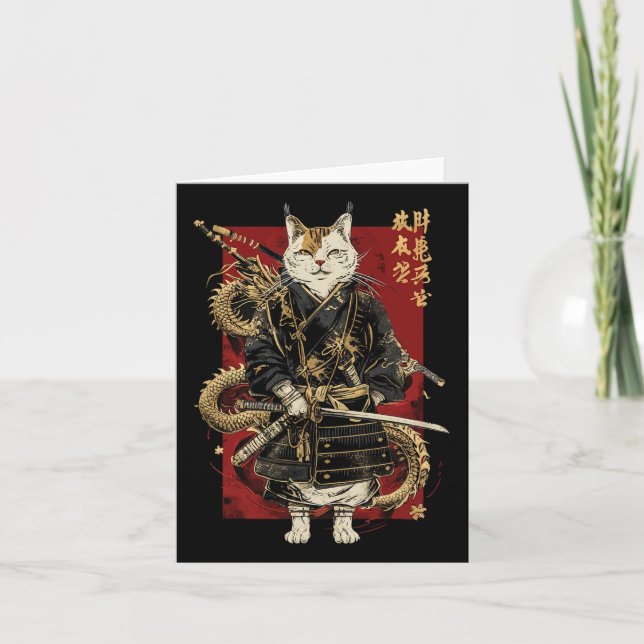 Cartão Samurai Cat Com Dragão Japonês Kanji (Frente)