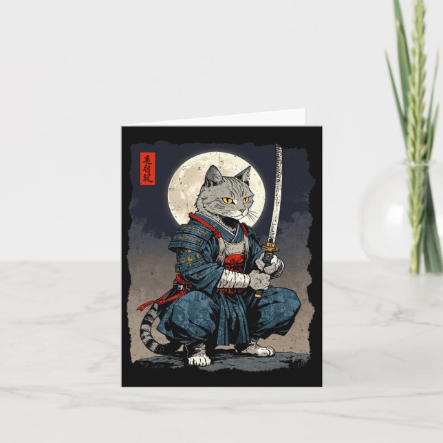 Cartão Samurai Cat. Gato Retro Japonês Gato Lua Ukiyo- (Frente)
